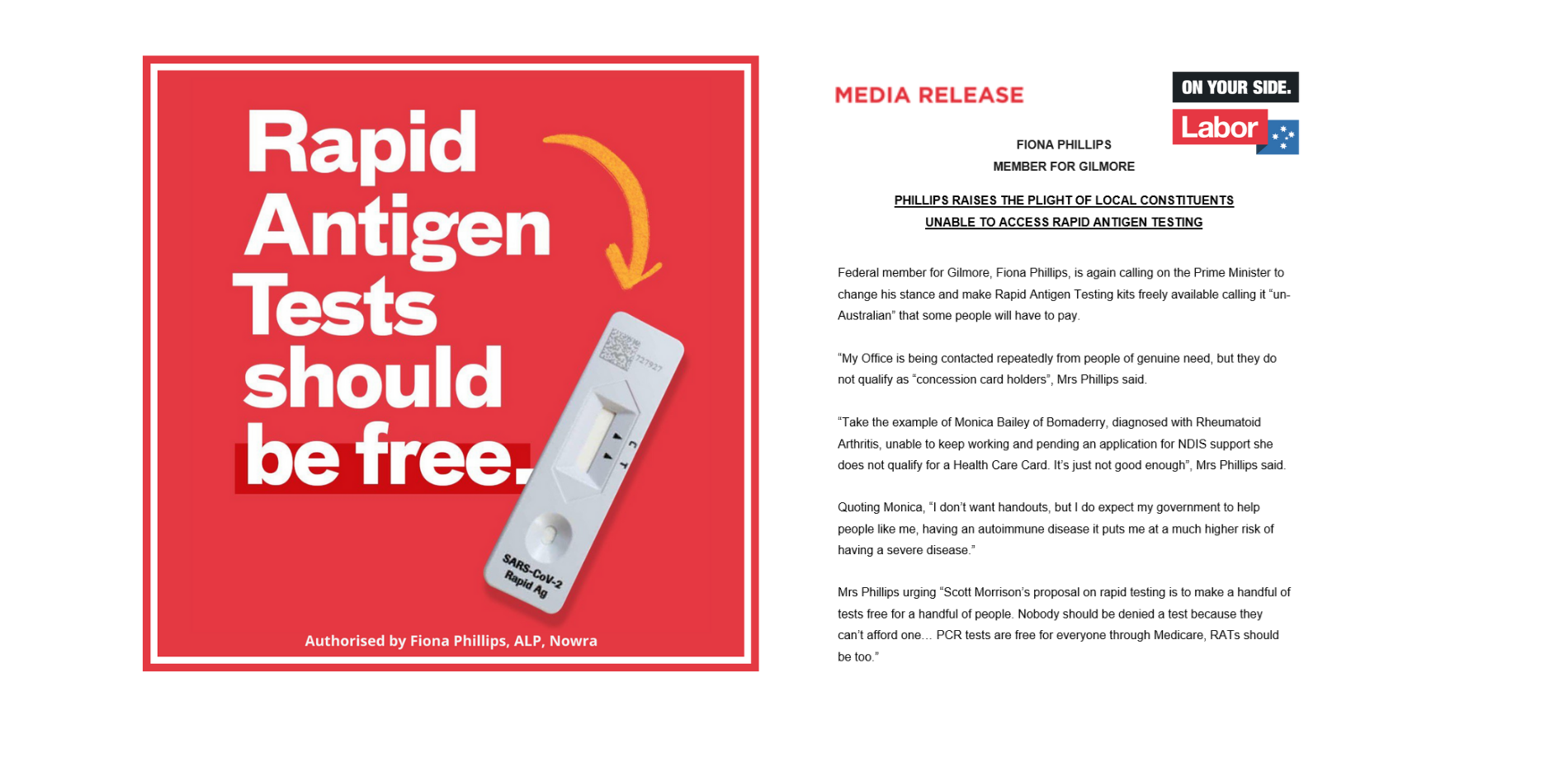 Media Release | Phillips raises the plight of local constituents unable to access Rapid Antigen Testing Main Image